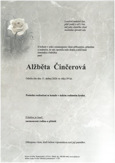 Smuteční oznámení – Alžběta Činčerová