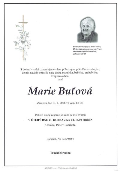 Smuteční oznámení – Marie Buťová