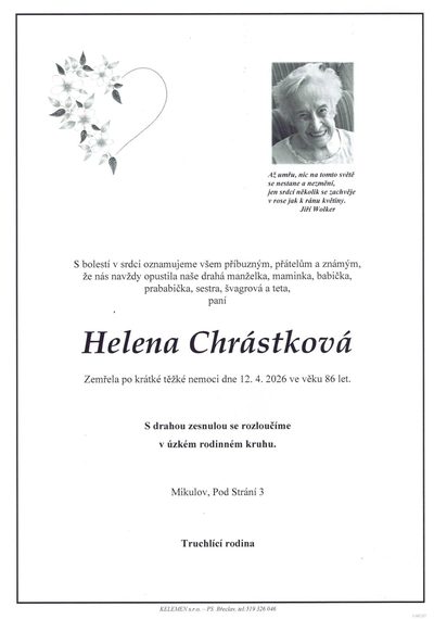Smuteční oznámení – Helena Chrástková