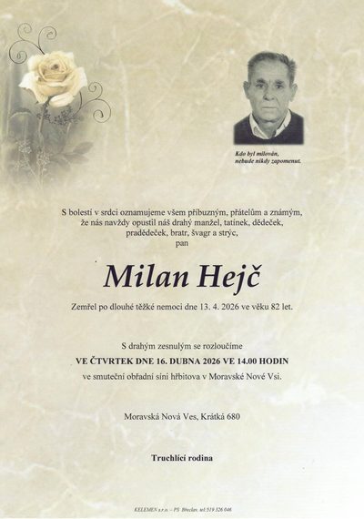 Smuteční oznámení – Milan Hejč