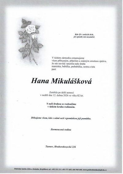 Smuteční oznámení – Hana Mikulášková