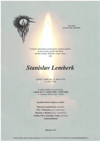 Smuteční oznámení – Stanislav Lemberk