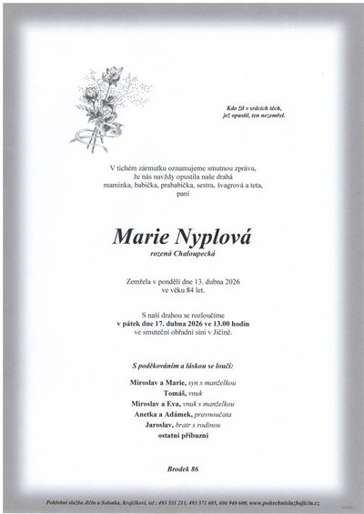Smuteční oznámení – Marie Nyplová