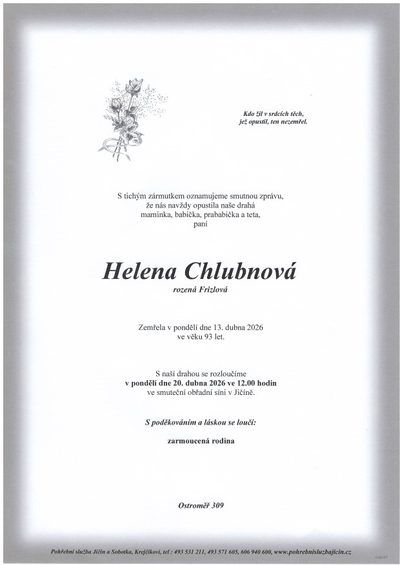 Smuteční oznámení – Helena Chlubnová
