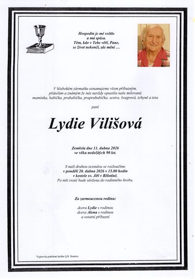 Smuteční oznámení – Lydie Vilišová