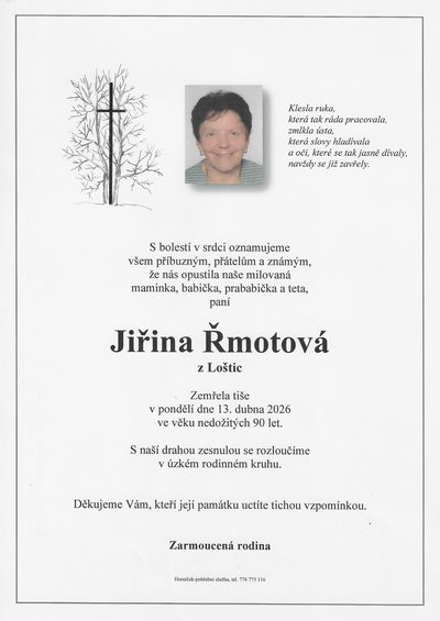 Smuteční oznámení – Jiřina Rmotová