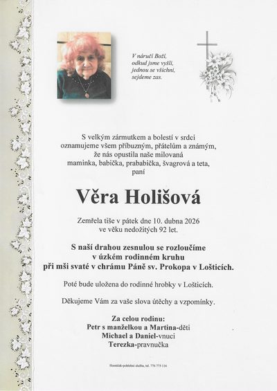 Smuteční oznámení – Věra Holišová