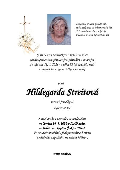 Smuteční oznámení – Hildegarda Streitová
