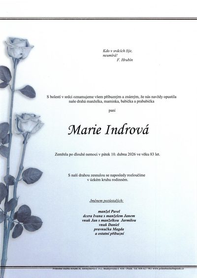 Smuteční oznámení – Marie Indrová