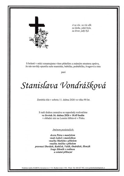 Smuteční oznámení – Stanislava Vondrášková
