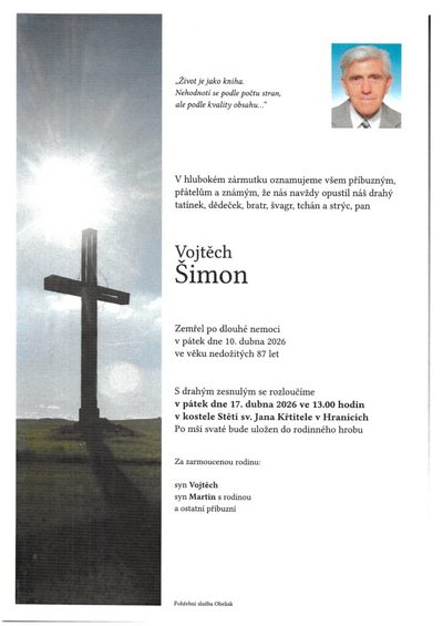 Smuteční oznámení – Vojtěch Vojtech