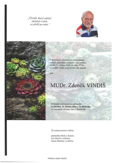 Smuteční oznámení – Zdeněk Vindiš