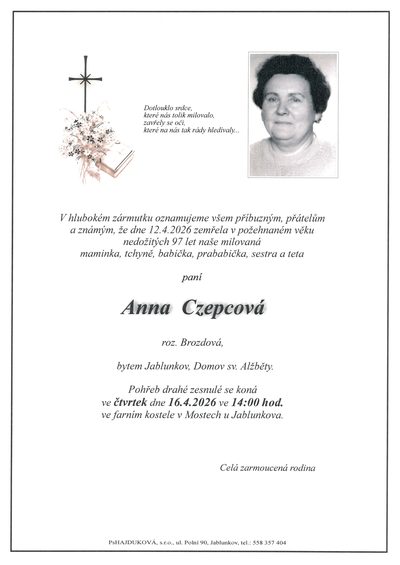 Smuteční oznámení – Anna Czepcová