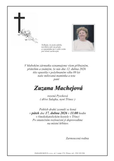 Smuteční oznámení – Zuzana Machejová