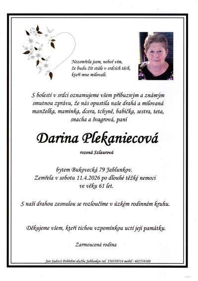 Smuteční oznámení – Darina Plekaniecová