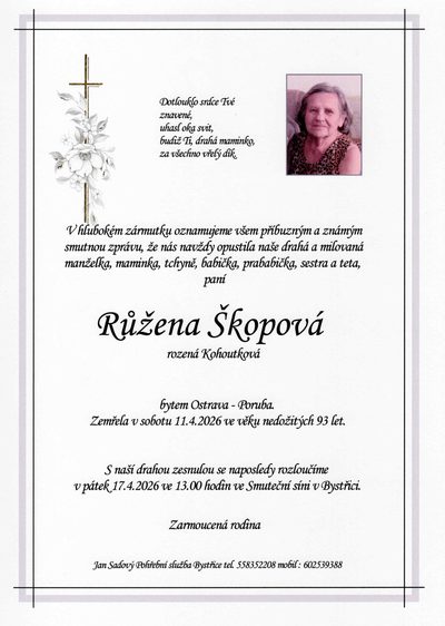 Smuteční oznámení – Růžena Škopová