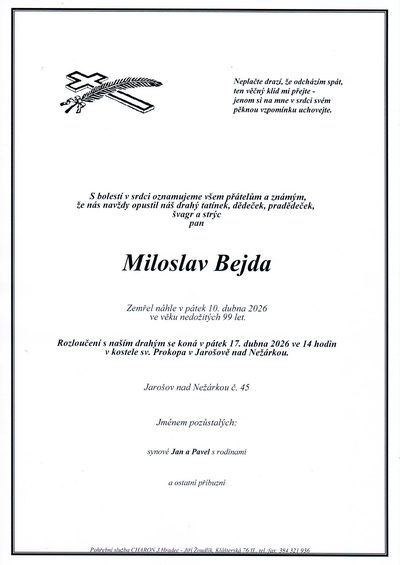 Smuteční oznámení – Miloslav Bejda