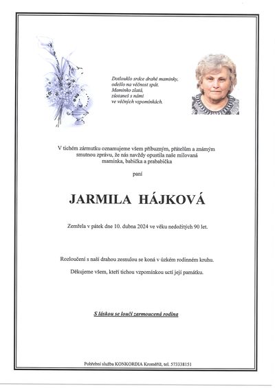 Smuteční oznámení – Jarmila Hájková