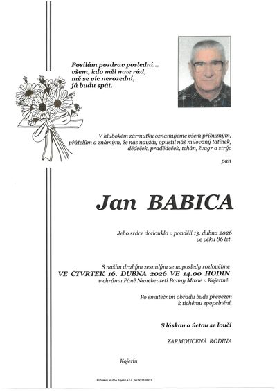 Smuteční oznámení – Jan Babica