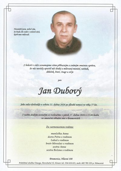 Smuteční oznámení – Jan Dubový