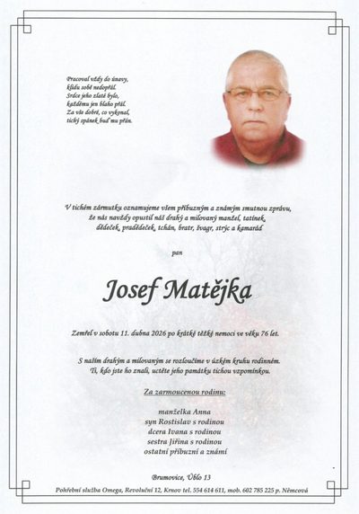 Smuteční oznámení – Josef Matějka