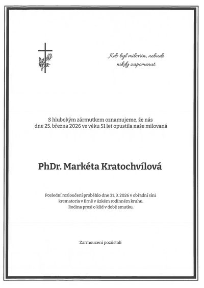Smuteční oznámení – PhDr. Markéta Kratochvílová