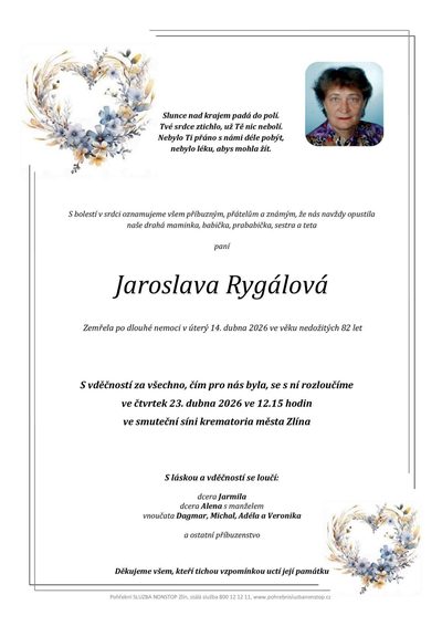 Smuteční oznámení – Jaroslava Rygálová