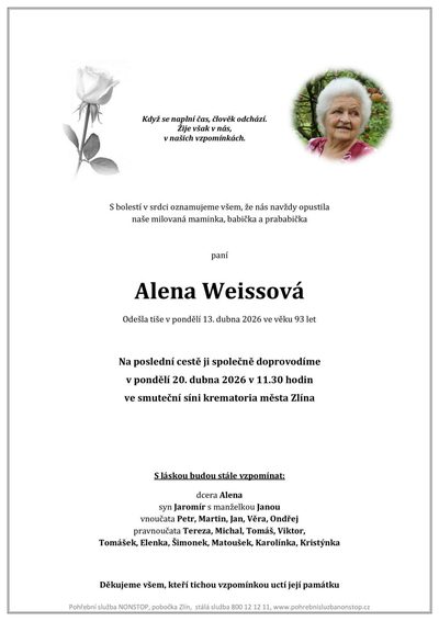 Smuteční oznámení – Alena Weissová