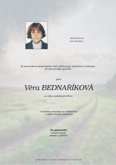Smuteční oznámení – Věra Bednaříková