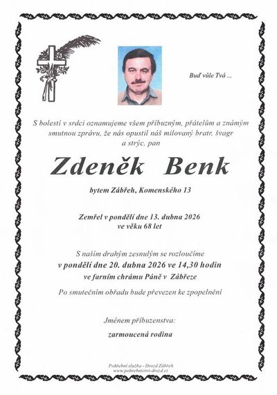 Smuteční oznámení – Zdeněk Benk