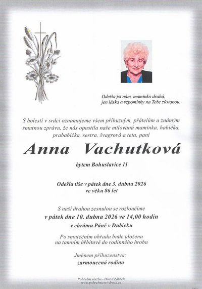 Smuteční oznámení – Anna Vachutková