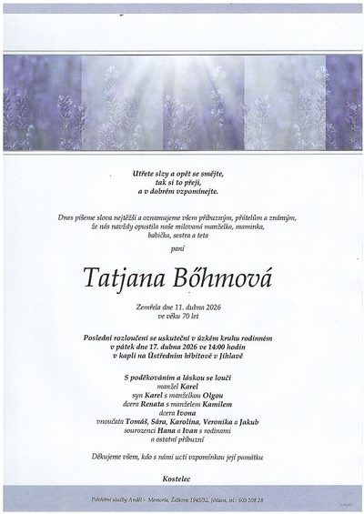 Smuteční oznámení – Tatjana Bóhmová