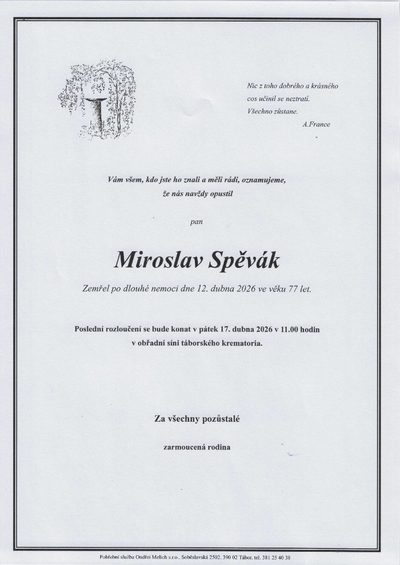 Smuteční oznámení – Miroslav Spěvák