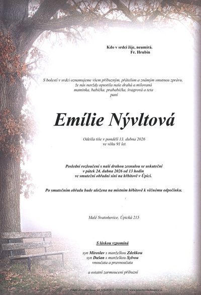 Smuteční oznámení – Emilie Nývltová