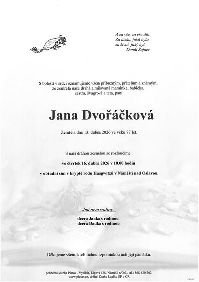 Smuteční oznámení – Jana Dvořáčková