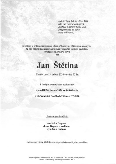 Smuteční oznámení – Jan Štětina