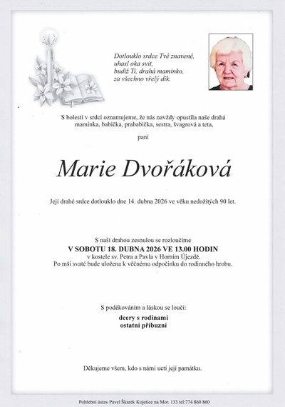Smuteční oznámení – Marie Dvořáková