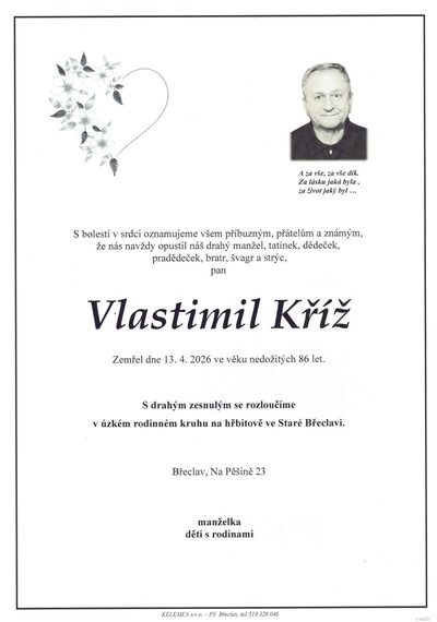 Smuteční oznámení – Vlastimil Kříž