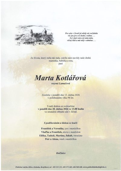Smuteční oznámení – Marta Kotlářová