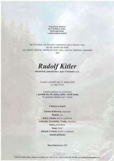 Smuteční oznámení – Rudolf Kitler