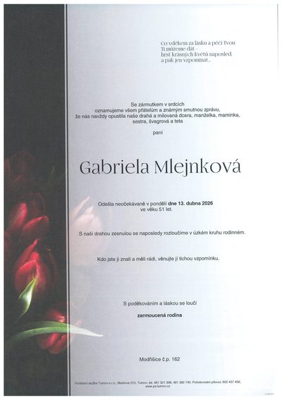 Smuteční oznámení – Gabriela Mlejnková
