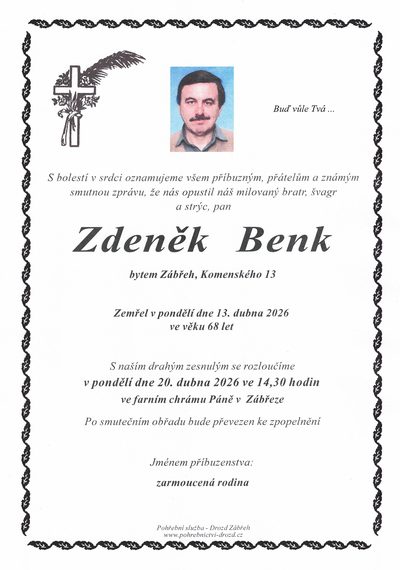 Smuteční oznámení – Zdenék Benk