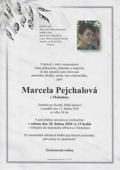 Smuteční oznámení – Marcela Pejchalová