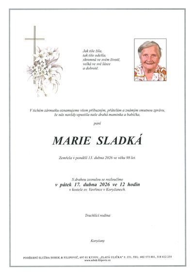 Smuteční oznámení – Marie Sladká