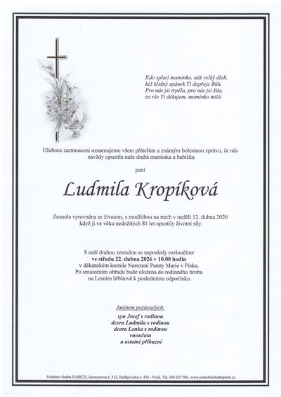 Smuteční oznámení – Ludmila Kropíková
