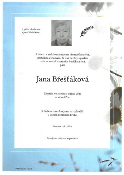 Smuteční oznámení – Jana Břešťáková