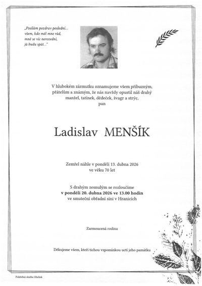 Smuteční oznámení – Ladislav Menšík