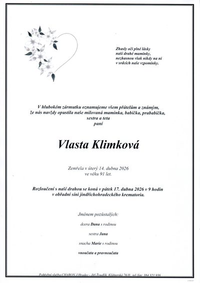 Smuteční oznámení – Vlasta Klimková