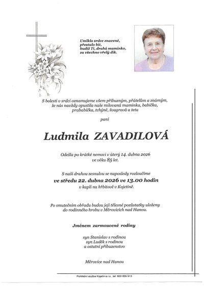 Smuteční oznámení – Ludmila Zavadilová