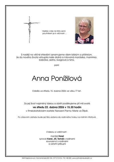 Smuteční oznámení – Anna Ponížilová